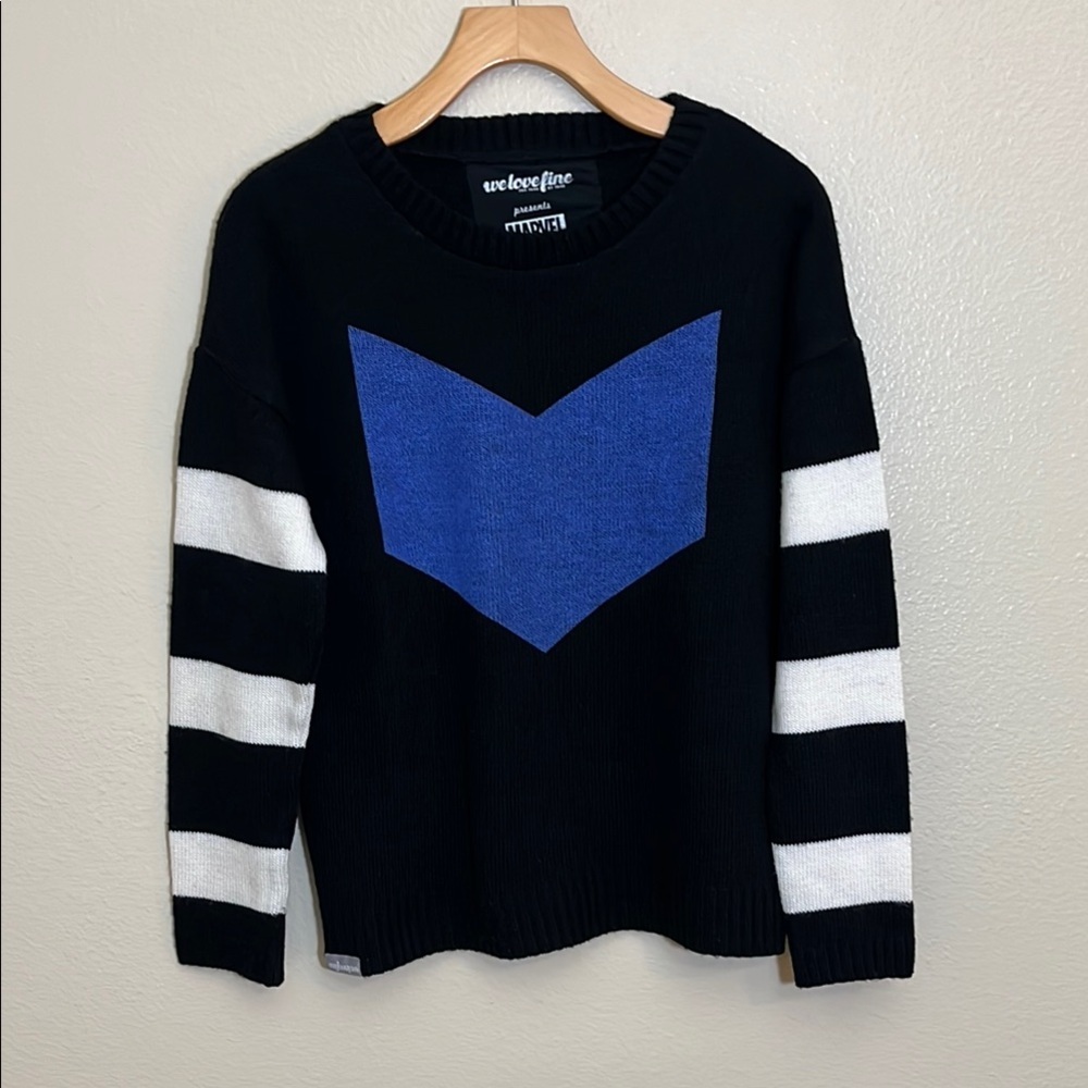 We Love Fine Marvel Black Blue Striped Sleeve Sweater